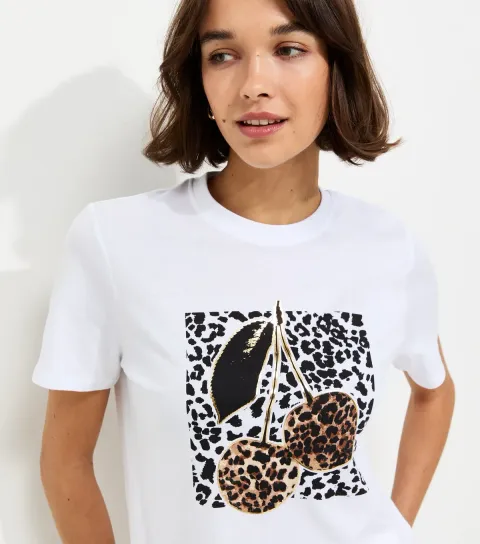 Women's White Cotton Foil Cherry Relaxed T-Shirt