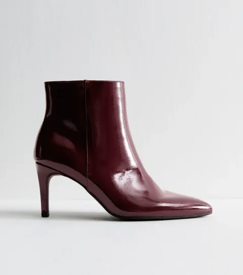 Women's Dark Burgundy Faux Patent Leather Point Toe Ankle Boots Vegan