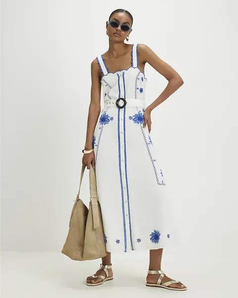 River Island Cotton Embroidered Floral Midi Dress