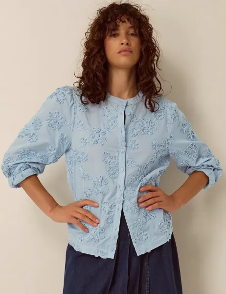 Pure Cotton Floral Embroidered Shirt Blue Mix