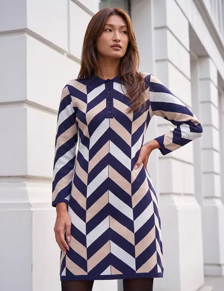 Roman Chevron Print Collared Knit Dress Navy
