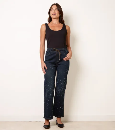 Blue Vanilla Women's Dark Blue Rhinestone Embellished Trousers