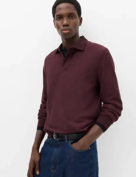 Marks & Spencer Cotton Rich Striped Long Sleeve Polo Shirt Bordeaux