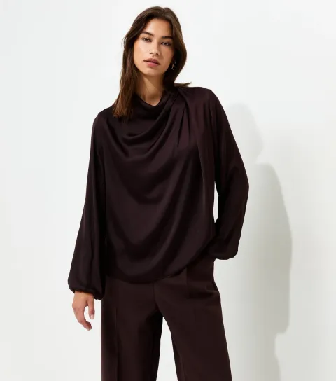 New Look Women's Dark Brown Satin Cowl Neck Long Sleeve Blouse