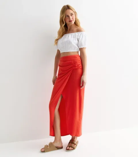 New Look Women's Red Linen-Look Wrap Midi Skirt