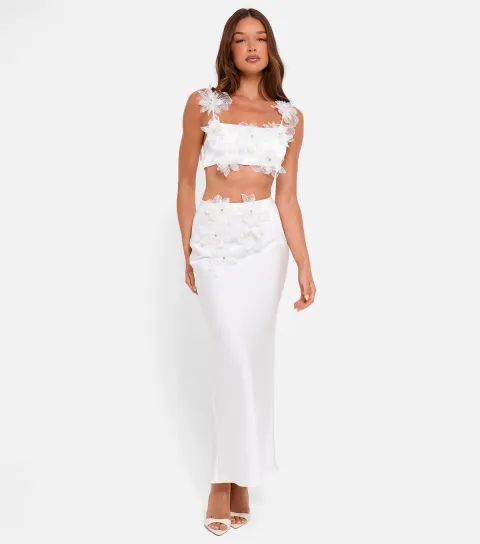 Women's White Floral Appliqué Satin Maxi Skirt