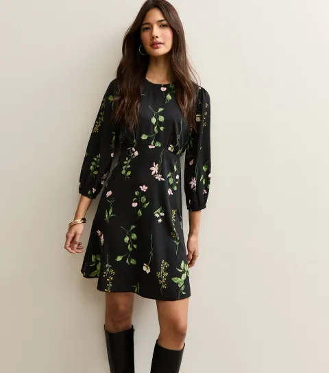 Women's Black Botanical Crepe Mini Dress