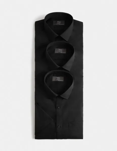 Marks & Spencer 3 Pack Slim Fit Easy Iron Short Sleeve Shirts Black