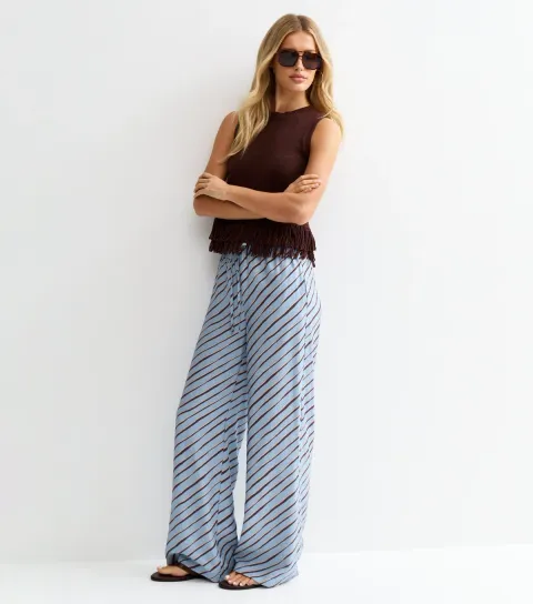 New Look Women's Light Blue Diagonal Stripe Wide Leg Trousers