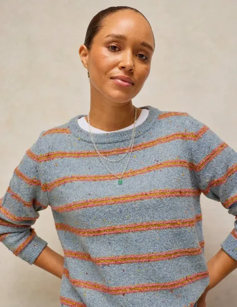 White Stuff Stripe Nep Yarn Crew Neck Jumper Blue Mix