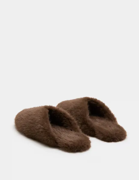 Marks & Spencer Faux Fur Round Toe Mule Slippers Brown