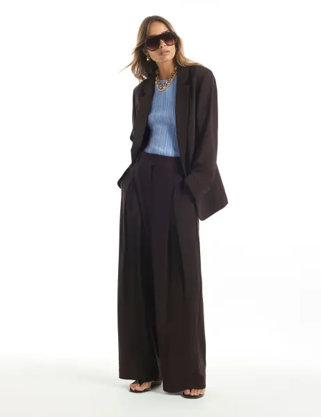 River Island Crepe Pleat Front Wide Leg Trousers Dark Brown