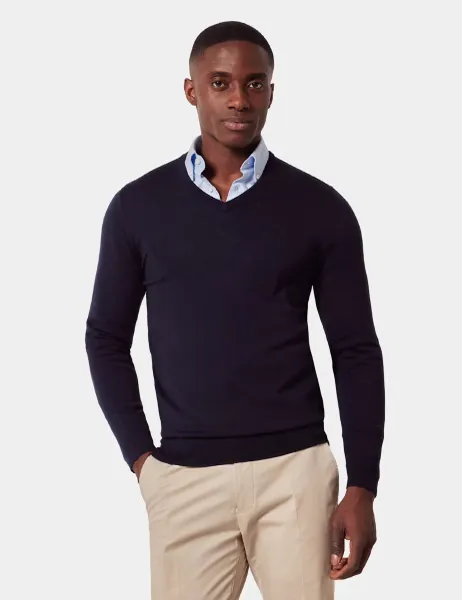 Hawes & Curtis Pure Merino Wool V-Neck Jumper Navy