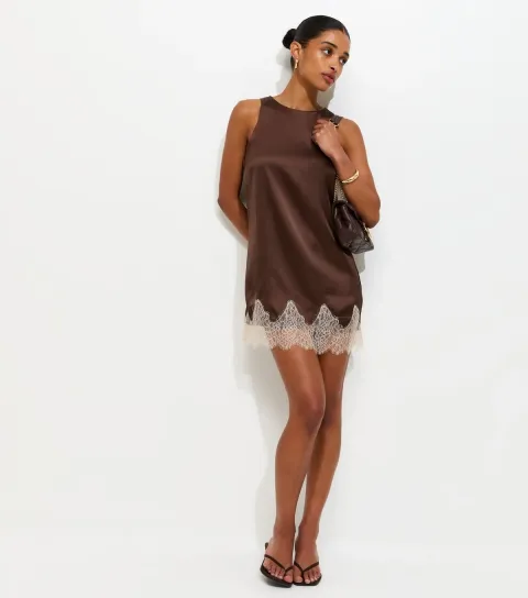 Women's Brown Satin Shift Lace Trim Mini Dress