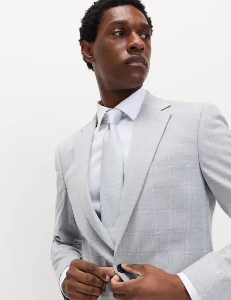 Marks & Spencer Regular Fit Check Stretch Suit Jacket Light Grey Mix