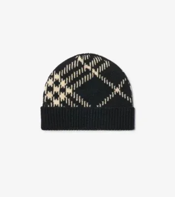 Check Cashmere Blend Beanie in Black/calico beige