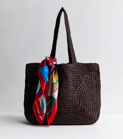 Chocolate Oversized Woven Tote with Scarf