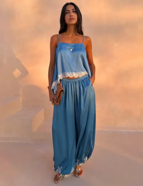 Never Fully Dressed Satin Lace Detail Cami Top Blue Mix