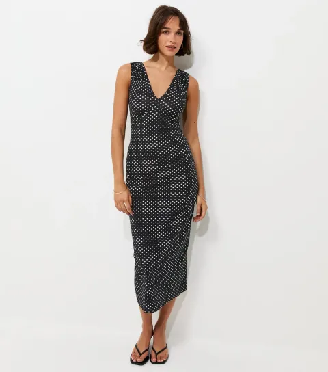 Women's Black Polka Dot Ruched Shoulder V-Neck Midi Dress