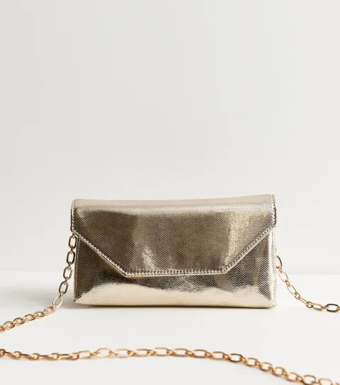 Gold Faux Leather Lizard Embossed Shoulder Bag