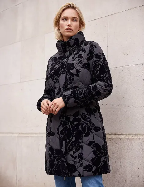 Roman Floral Padded Funnel Neck Coat Black Mix