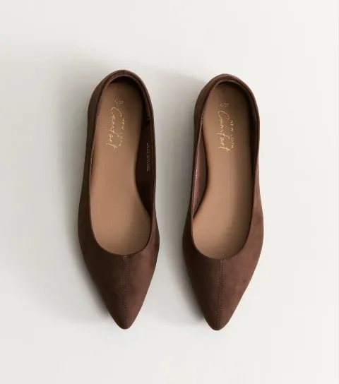 Women's Dark Brown Faux Suede Pointed Toe Ballet Flats Vegan