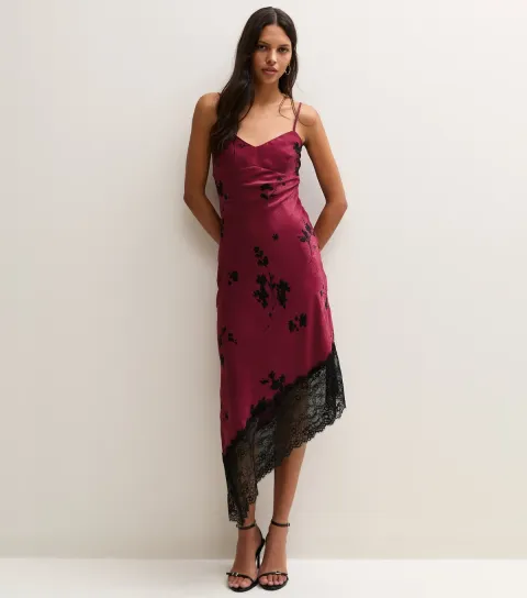 New Look Women's Red Satin Lace Asymmetric Hem Midi Dress
