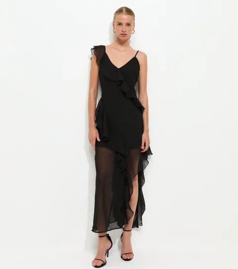 New Look Women's Black Chiffon Ruffle Trim Strappy Midi Dress