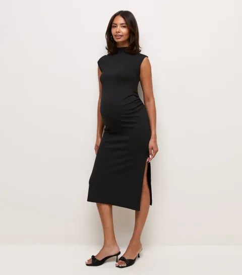 Women's Maternity Black High Neck Ruched Midi Dress