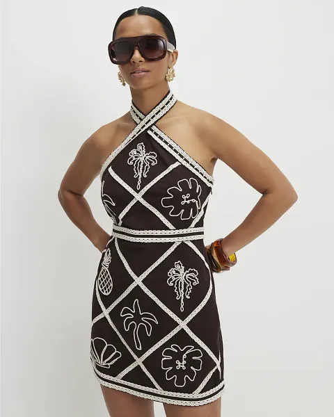 River Island Petite Embroidered Halter Mini Dress