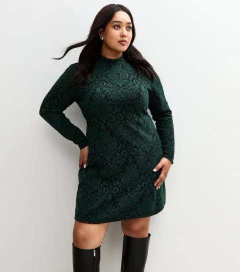 Women's Plus Size Green Jacquard Mini Dress Curves
