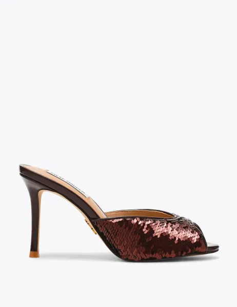 Steve Madden Rollout Sequin Open Toe Stiletto Mules Brown