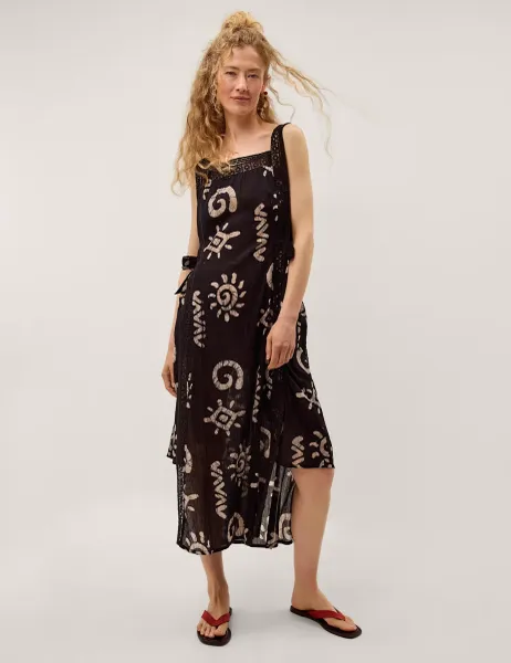 Monsoon Pure Cotton Printed Square Neck Midi Dress Black Mix