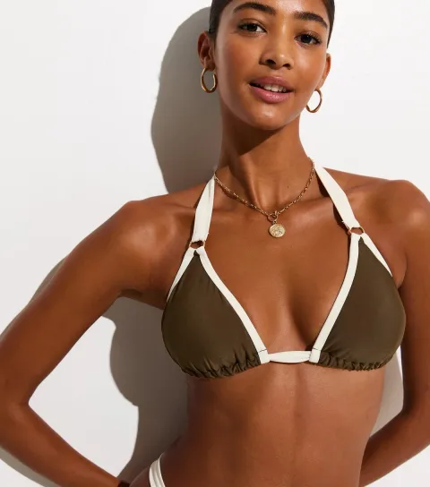 Women's Mid Brown Wide Strap Triangle Bikini Top