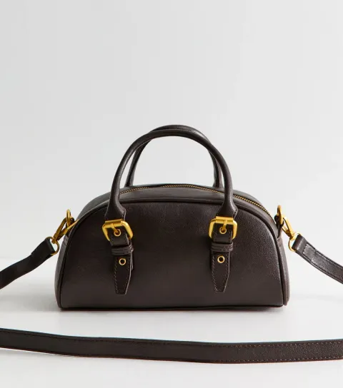 New Look Dark Brown Faux Leather Mini Grab Handle Bowling Bag