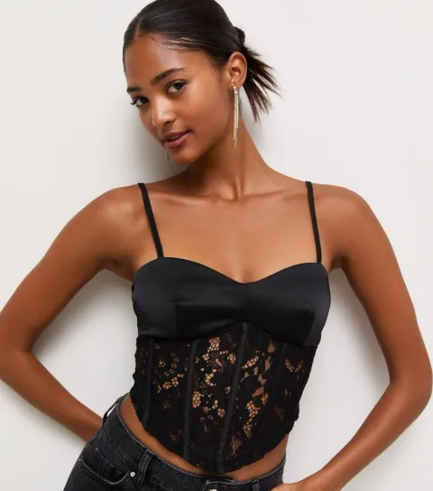 New Look Women's Black Satin Lace Corset Cami Top