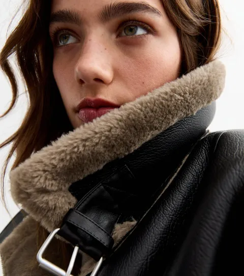 New Look Women's Black Faux Shearling Aviator Jacket