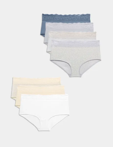 Marks & Spencer 7 Pack Cotton Rich High Rise Knicker Shorts Light Cream