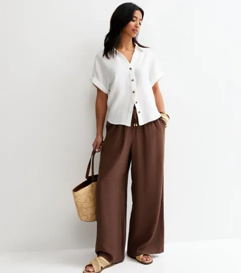 Women's Petite Dark Brown Crinkle Texture Wide Leg Trousers