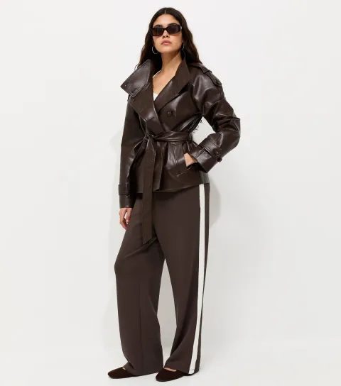 Women's Premium Brown Side Stripe Wide Leg Joggers