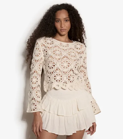 Women's Stone Semi Sheer Floral Crochet Knit Top