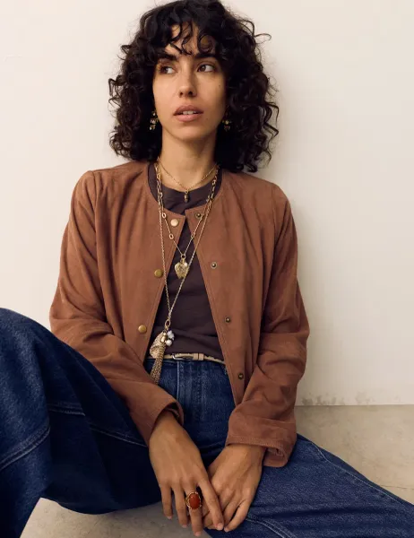 Per Una Suede Collarless Cropped Jacket Tan