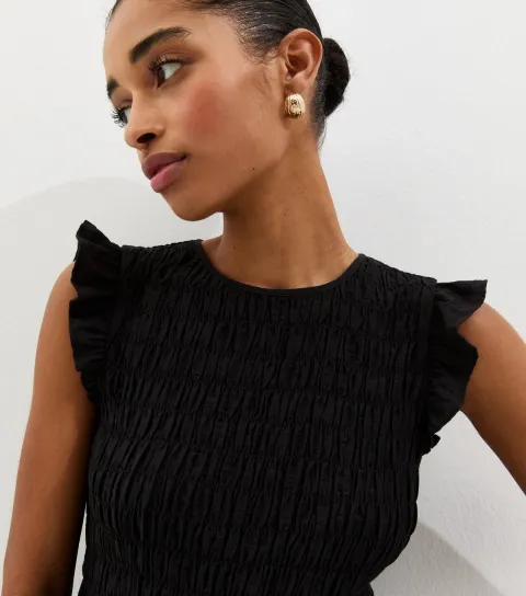 New Look Women's Black Shirred Sleeveless Frill Top