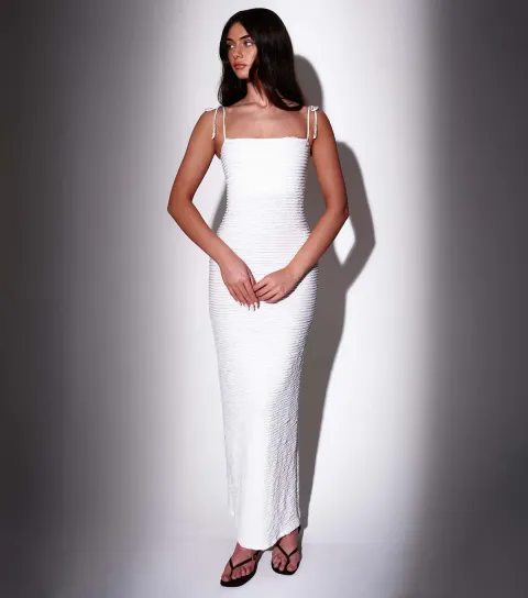 Women's White Textured Beaded Strap Maxi Dress