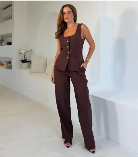 Girl In Mind Women's Dark Brown Front Pleat Tailored Wide Leg Trousers