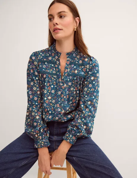 Monsoon Jersey Ditsy Floral Ruffle Collar Shirt Teal Mix