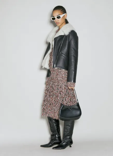Shearling-Collar Leather Biker Jacket
