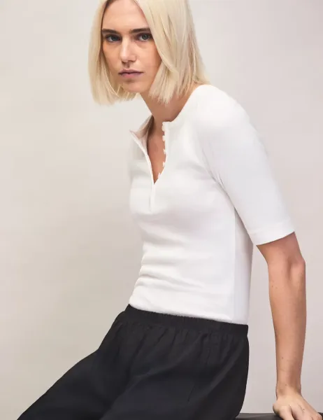 RO&ZO Cotton Modal Blend Ribbed Henley Top Ivory