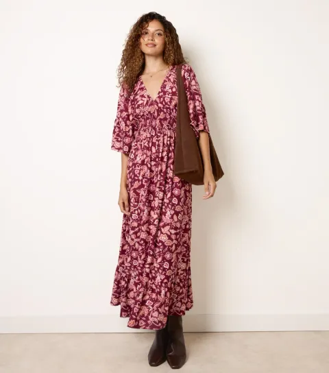 Women's Dark Burgundy Floral V-Neck Midi Dress