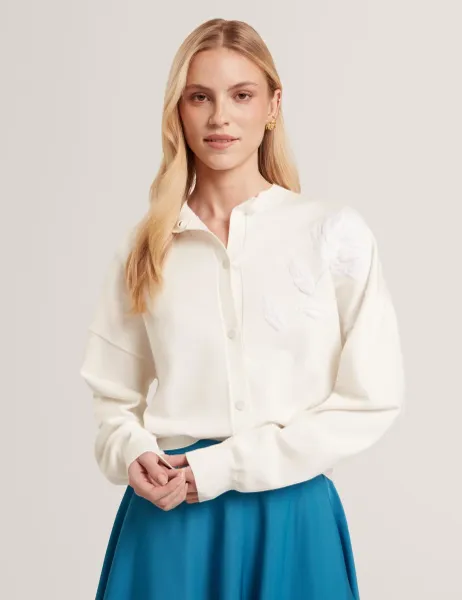 Ted Baker Organza Floral Crew Neck Cardigan Ivory